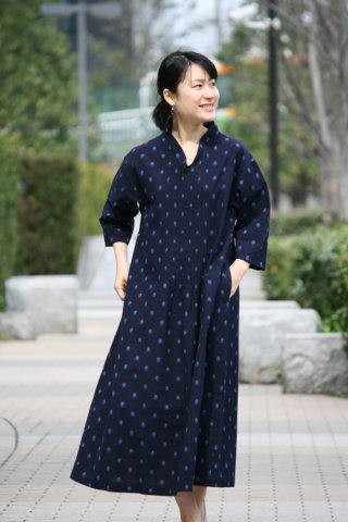 藍木野 ロングワンピース ビッグワンピース フレンチ袖 - 久留米絣工房藍木野