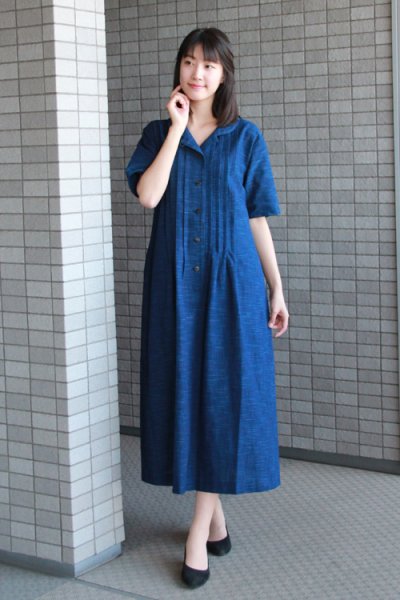 画像3: ショールカラーワンピース半袖（白樺藍横縞） (3)