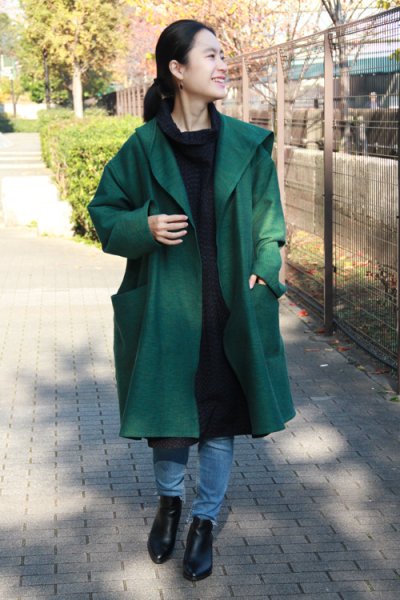 画像1: 四重奏フード付きコートグリーン (1)