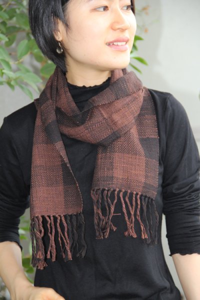 画像3: 手織りストール(小)・茶チェック1 (3)