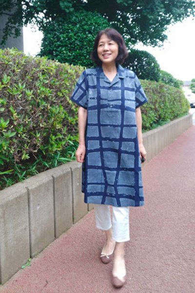画像2: ビッグブラウスフレンチ袖（注染格子） (2)