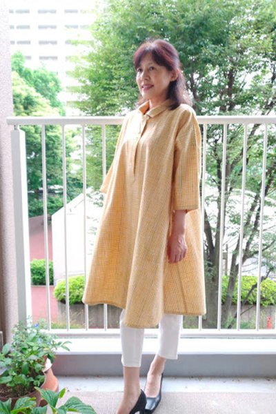 画像1: ビッグブラウス 七分袖（白樺黄色大チェック） (1)