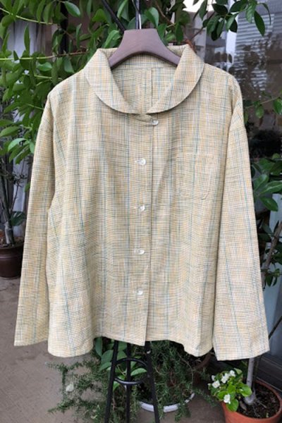 画像1: ショールカラージャケット（白樺黄色うぐいす小チェック） (1)