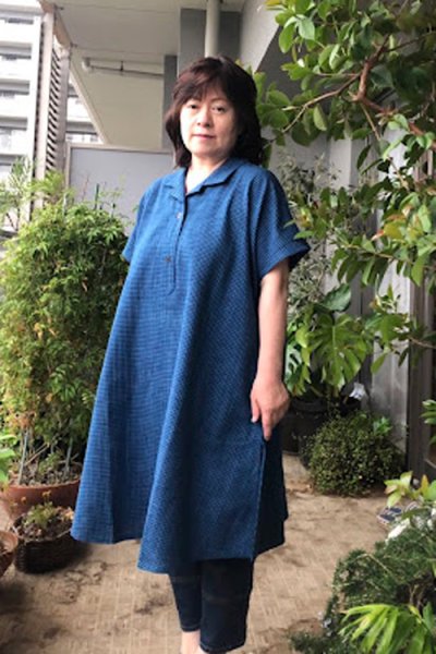 画像1: ビッグブラウスフレンチ(白樺チェック藍） (1)