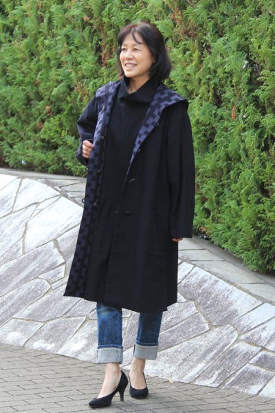 画像2: リバーシブルコートフード付き・ブロック崩しグレー (2)