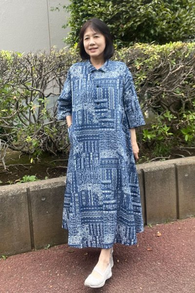 画像1: ビッグワンピース七分袖・更紗柄つむぎ (1)