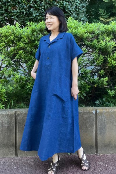 画像1: ビッグワンピース白樺藍細横縞青 (1)