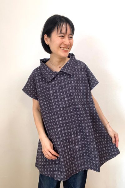 画像1: 一枚襟ブラウスフレンチ利休鼠 (1)