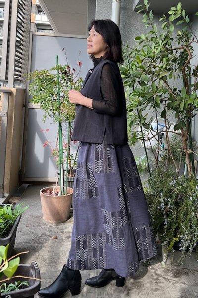 画像3: パッチワークスカート(レンガ道灰×無地灰) (3)