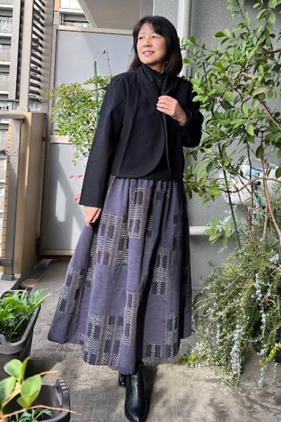 画像2: パッチワークスカート(レンガ道灰×無地灰) (2)