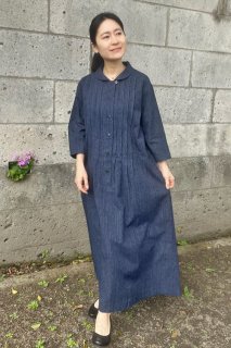ショールカラーワンピース（雨降り藍） - 久留米絣工房藍木野