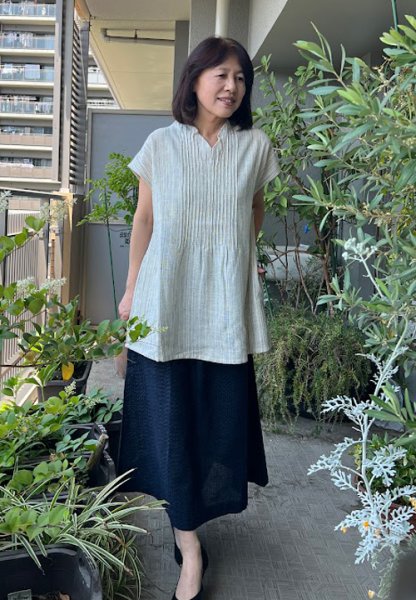 画像1: フリルブラウスフレンチ(夏絣白縞 ） (1)