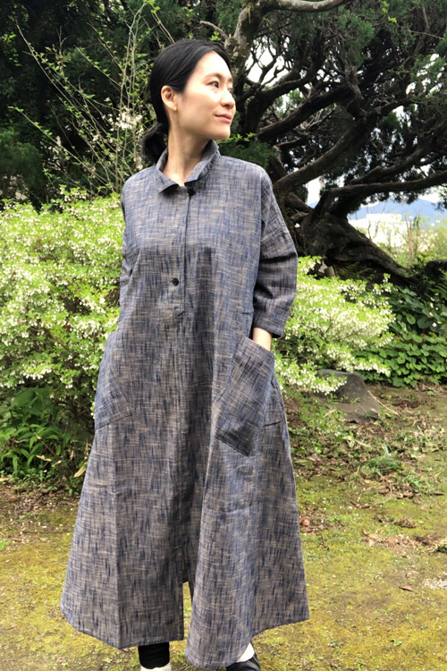ビッグワンピース 七分袖 白樺藍ベージュ 久留米絣工房藍木野