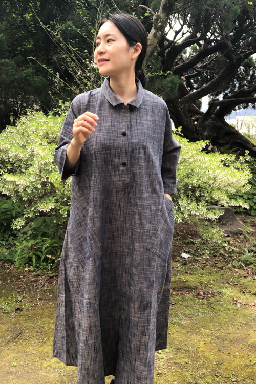 久留米絣工房 藍木野 ビッグワンピース フレンチ袖 市松金茶-